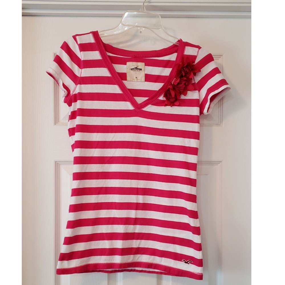 Hollister Pink Striped Tee with Flower